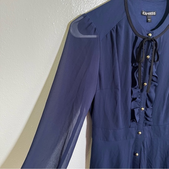 Express Button Front Dress Navy Blue Ruffle 2 - Picture 6 of 11